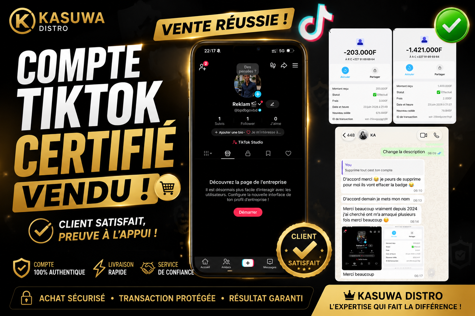 KASUWA DISTRO RÉALISE UNE NOUVELLE VENTE DE COMPTE TIKTOK CERTIFIÉ