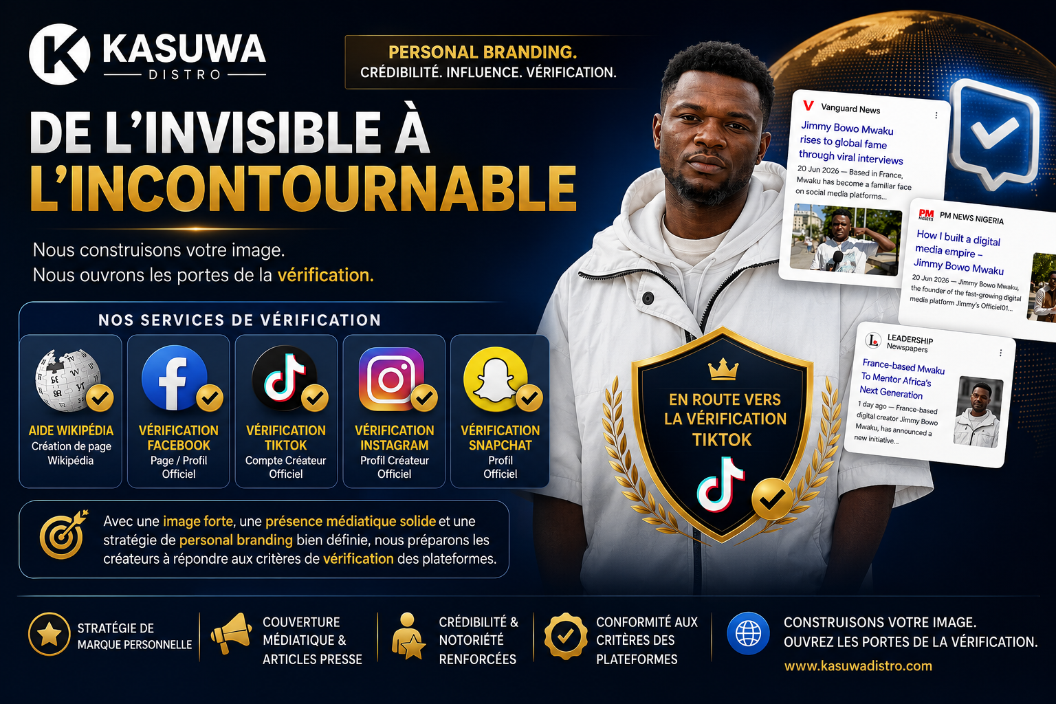 Plus de 14 articles de presse publiés pour construire la notoriété de Jimmy Bowo Mwaku et soutenir sa procédure de vérification TikTok