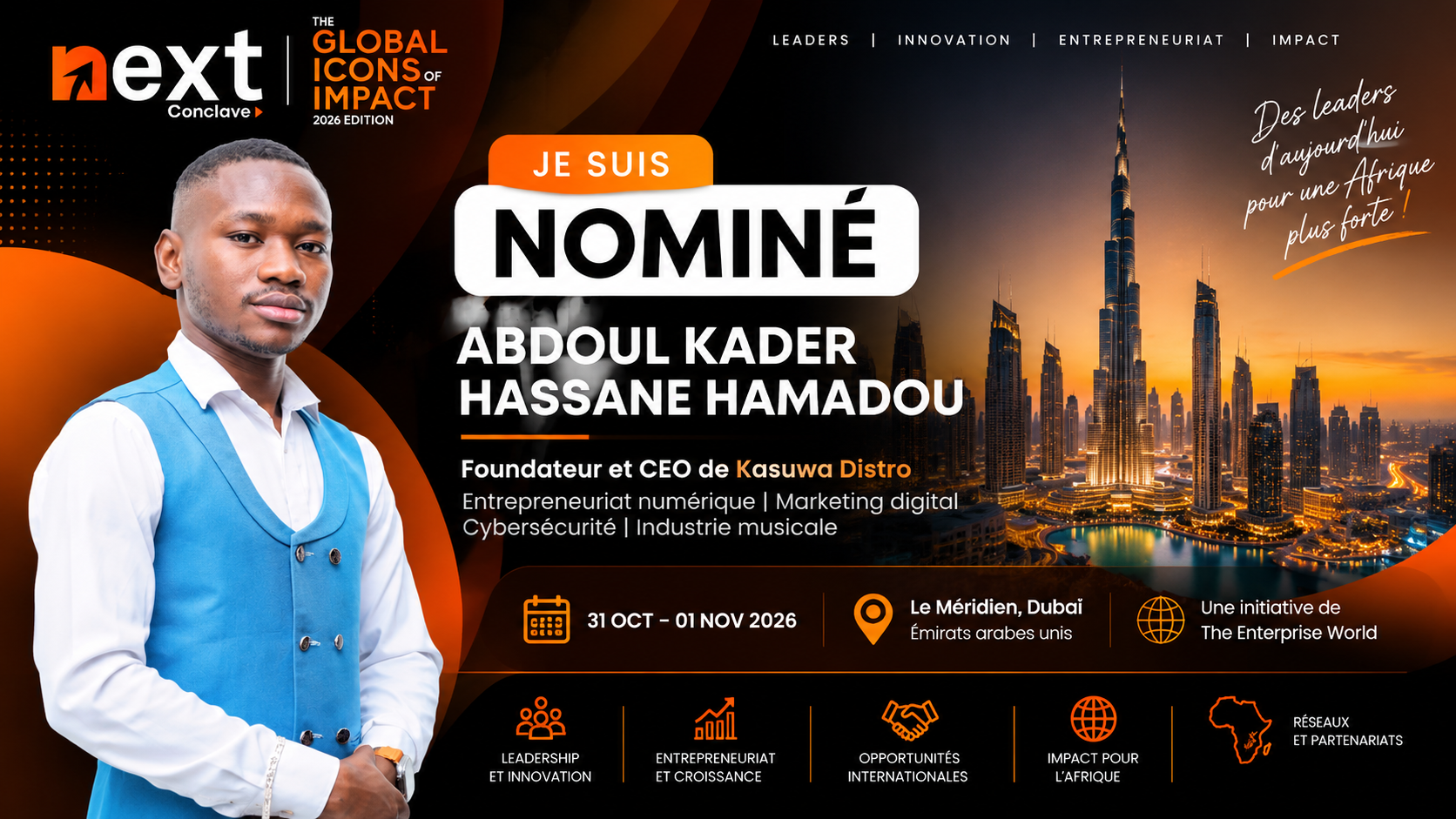 Abdoul Kader Hassane Hamadou nommé aux Global Icons of Impact 2026 à Dubaï